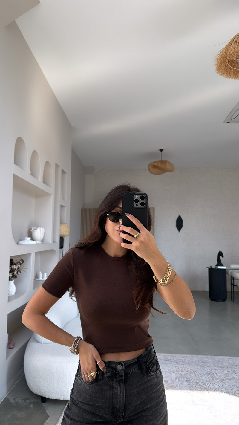 Kahverengi Crop Pamuk Basic Kısa Kol Tshirt