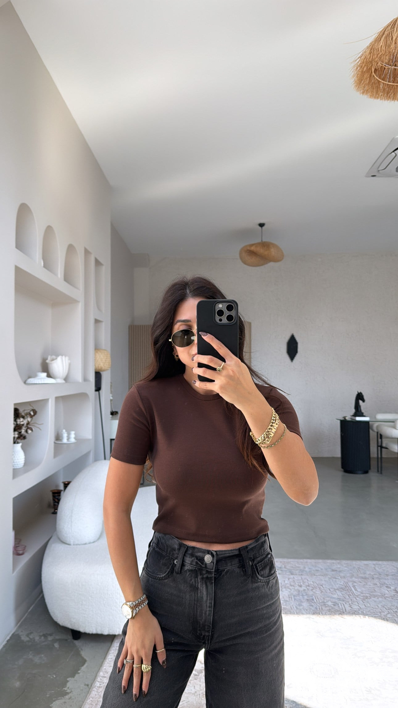 Kahverengi Crop Pamuk Basic Kısa Kol Tshirt