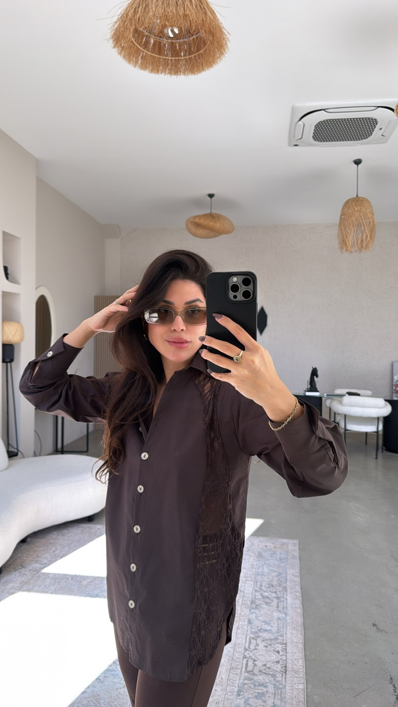Kahverengi Dantel Detaylı Poplin Premium Gömlek