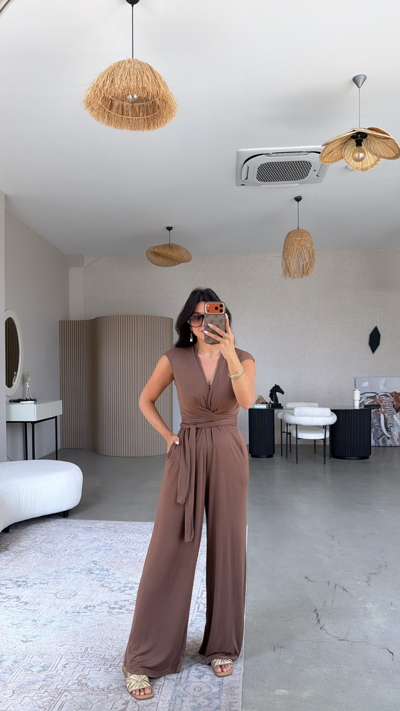 Kahverengi Derin V Yaka İnce Kumaşlı Tulum