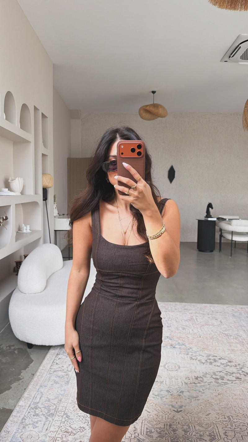 Kahverengi Detaylı Askılı Denim Elbise