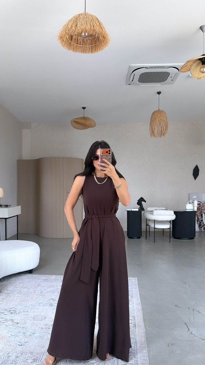 Kahverengi Dökümlü Salaş Bol Paça Kuşaklı Tulum