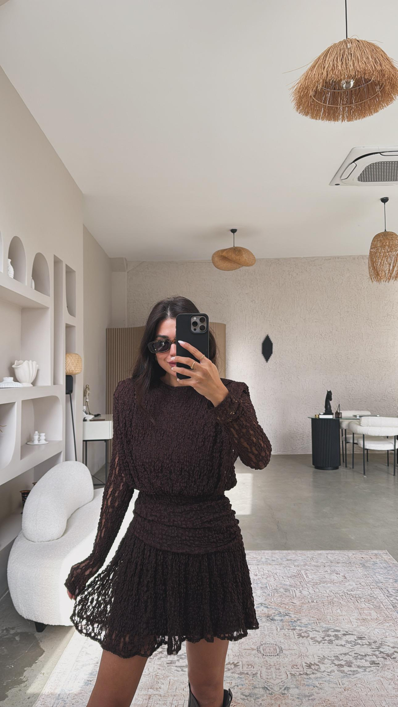 Kahverengi Drape Detaylı Dantel Elbise
