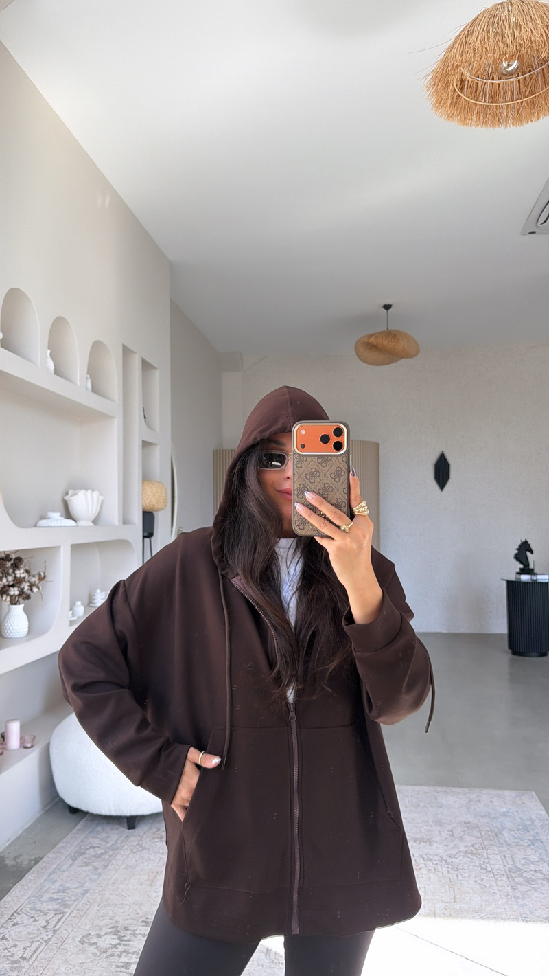 Kahverengi Fermuarlı Cepli Modal Hoodie