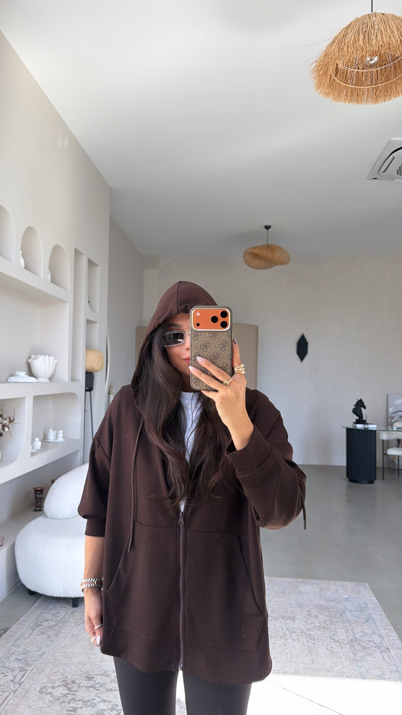 Kahverengi Fermuarlı Cepli Modal Hoodie