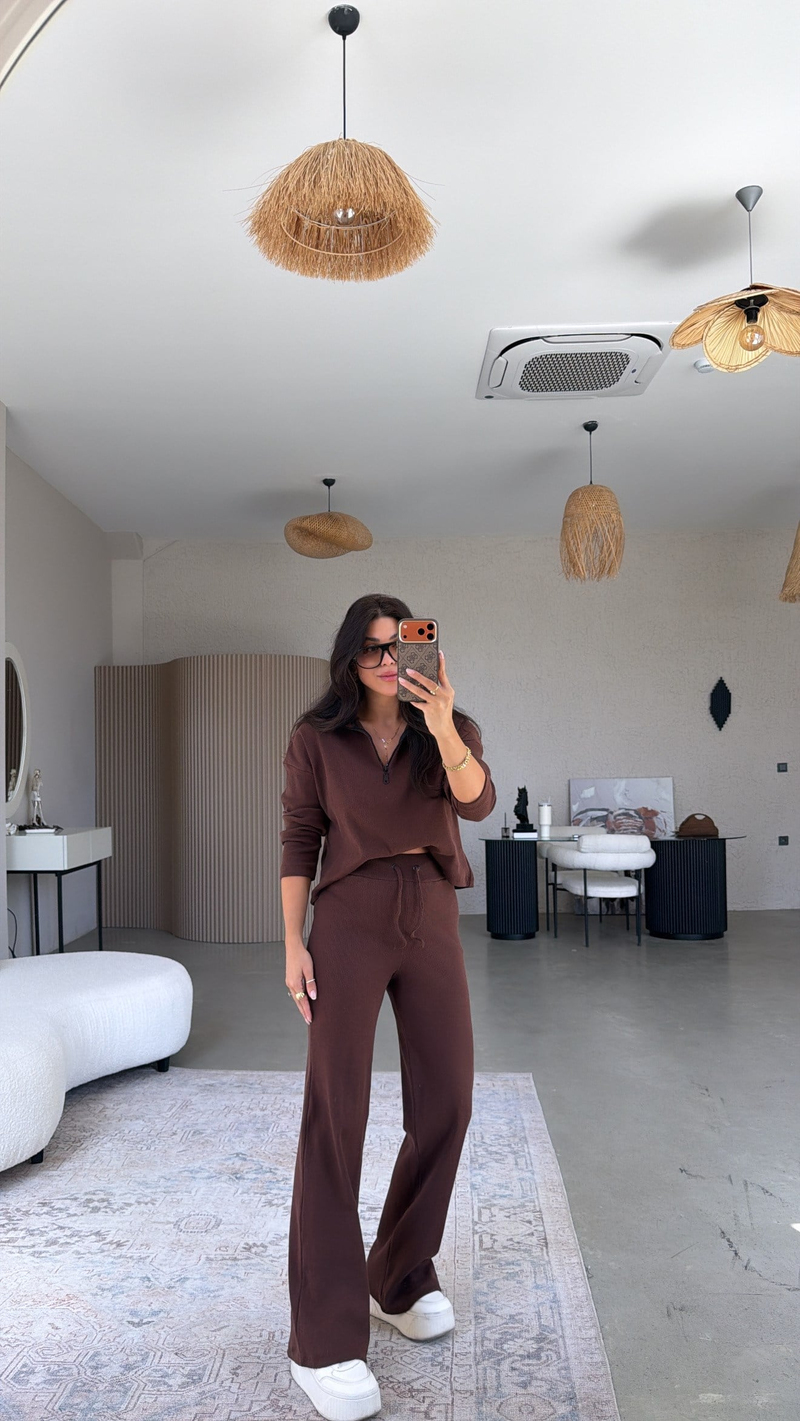 Kahverengi Fermuarlı Fitilli Alt Üst Takım