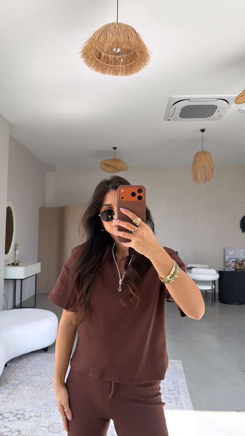Kahverengi Fitilli Fermuarlı Kısa Kol Basic Takım