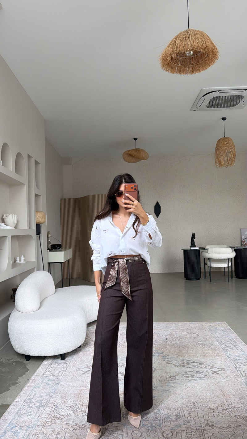 Kahverengi Fular Kuşaklı Denim Dikişli Pantolon