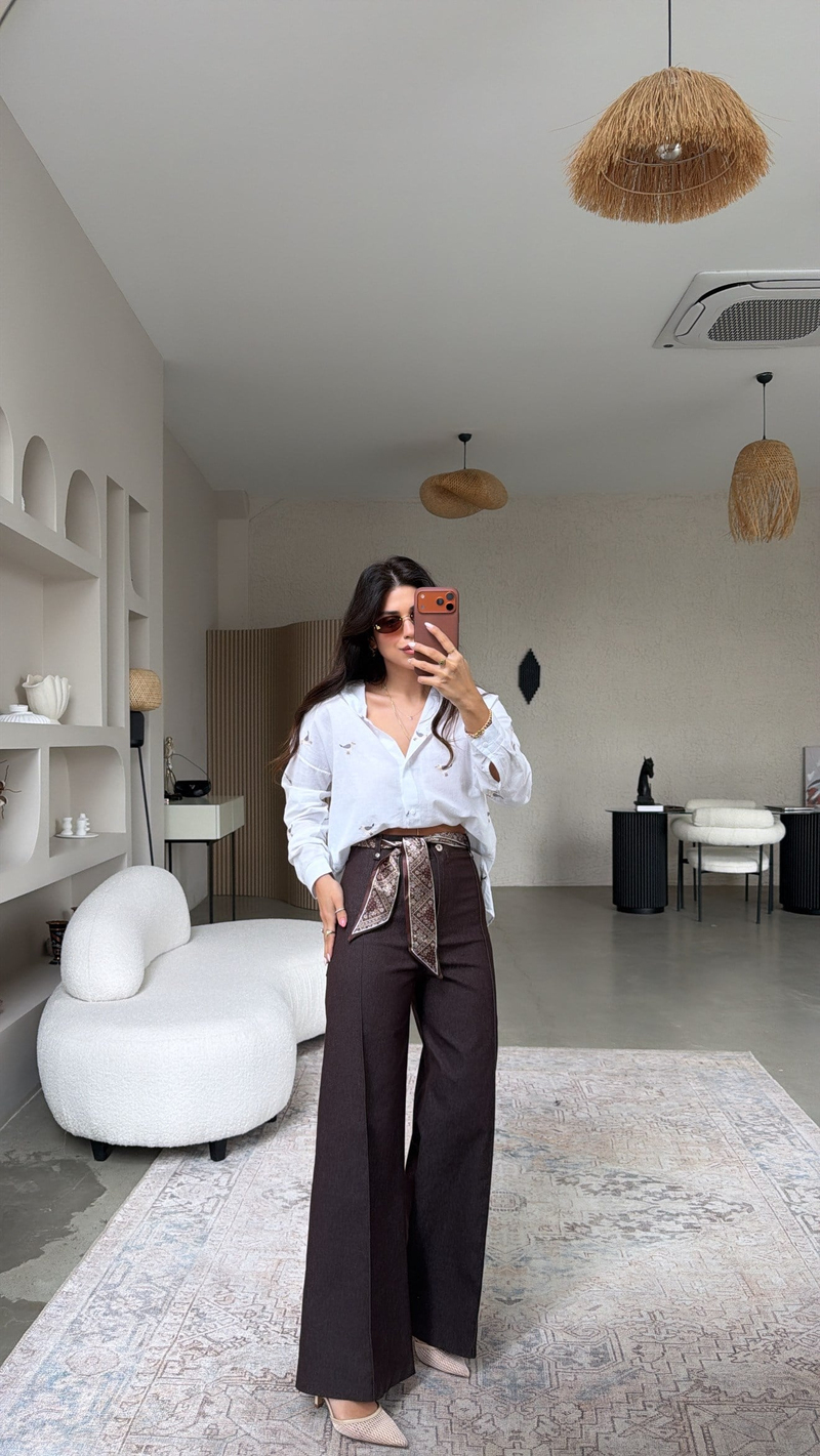 Kahverengi Fular Kuşaklı Denim Dikişli Pantolon