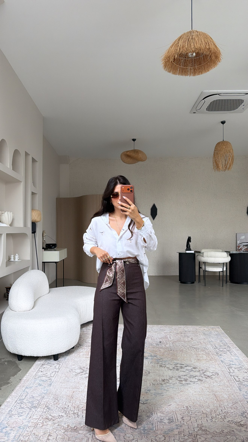 Kahverengi Fular Kuşaklı Denim Dikişli Pantolon