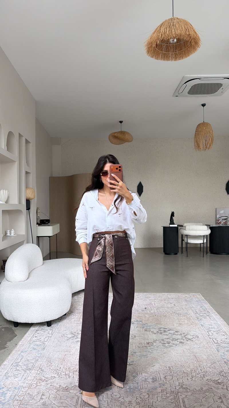 Kahverengi Fular Kuşaklı Denim Dikişli Pantolon