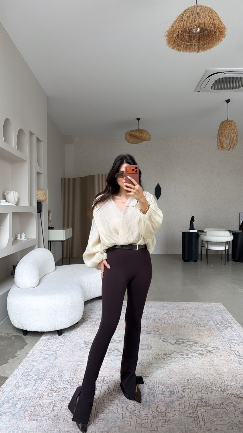Kahverengi Full Toparlayıcı Kemerli Paça Yırtmaçlı Dlv Tayt Pantolon