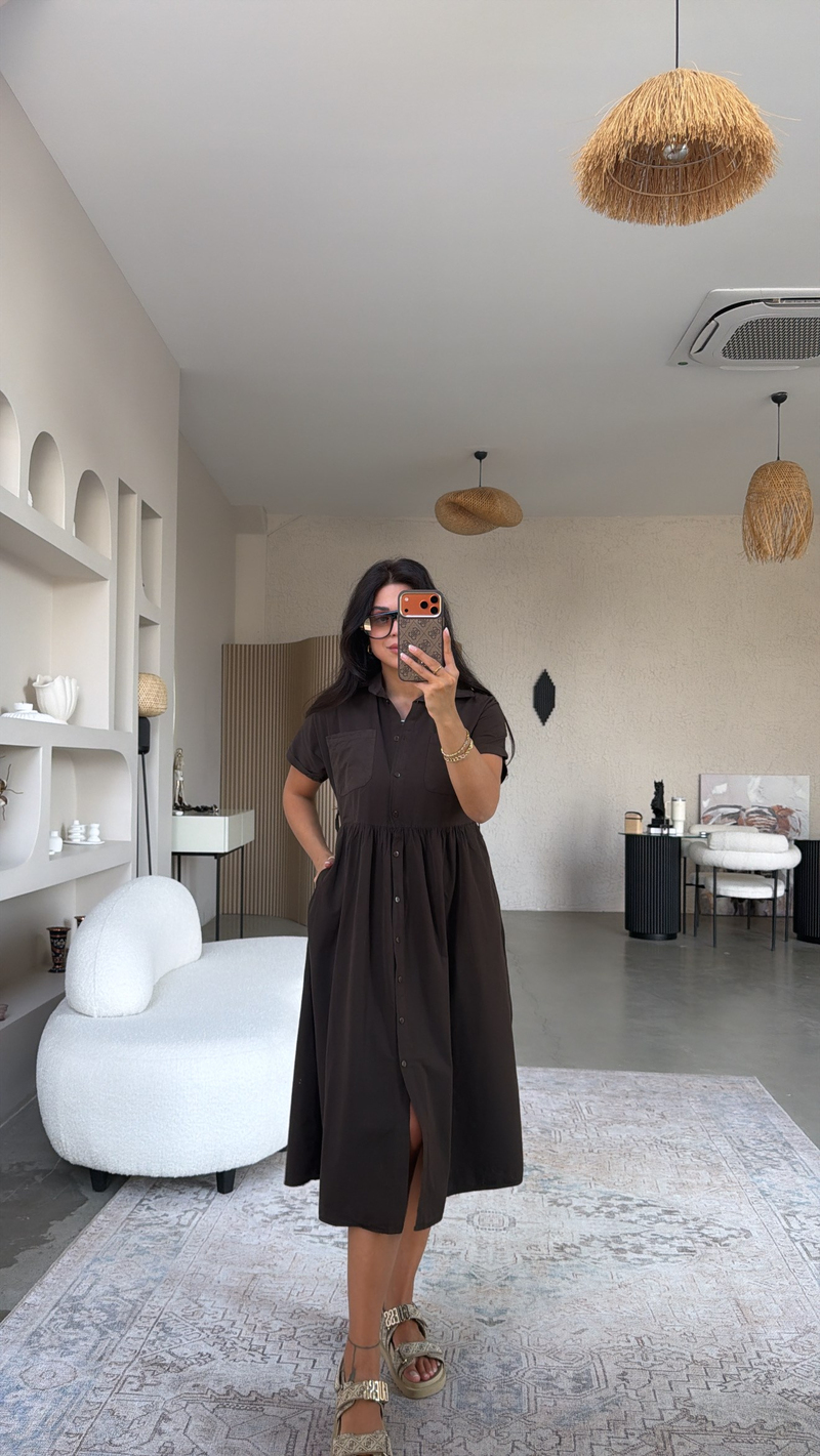 Kahverengi Gabardin Kısa Kollu Gömlek Elbise