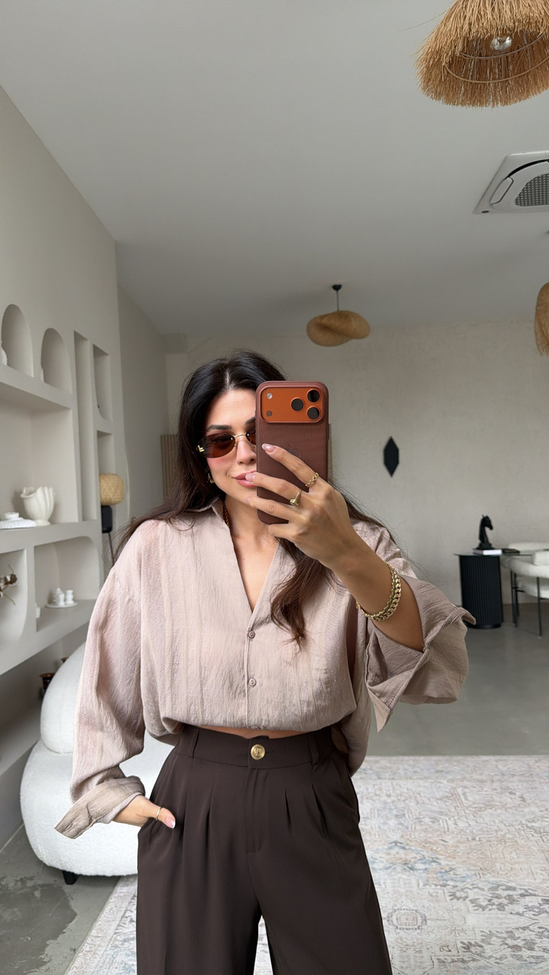 Kahverengi Gold Düğmeli Premium Pantolon