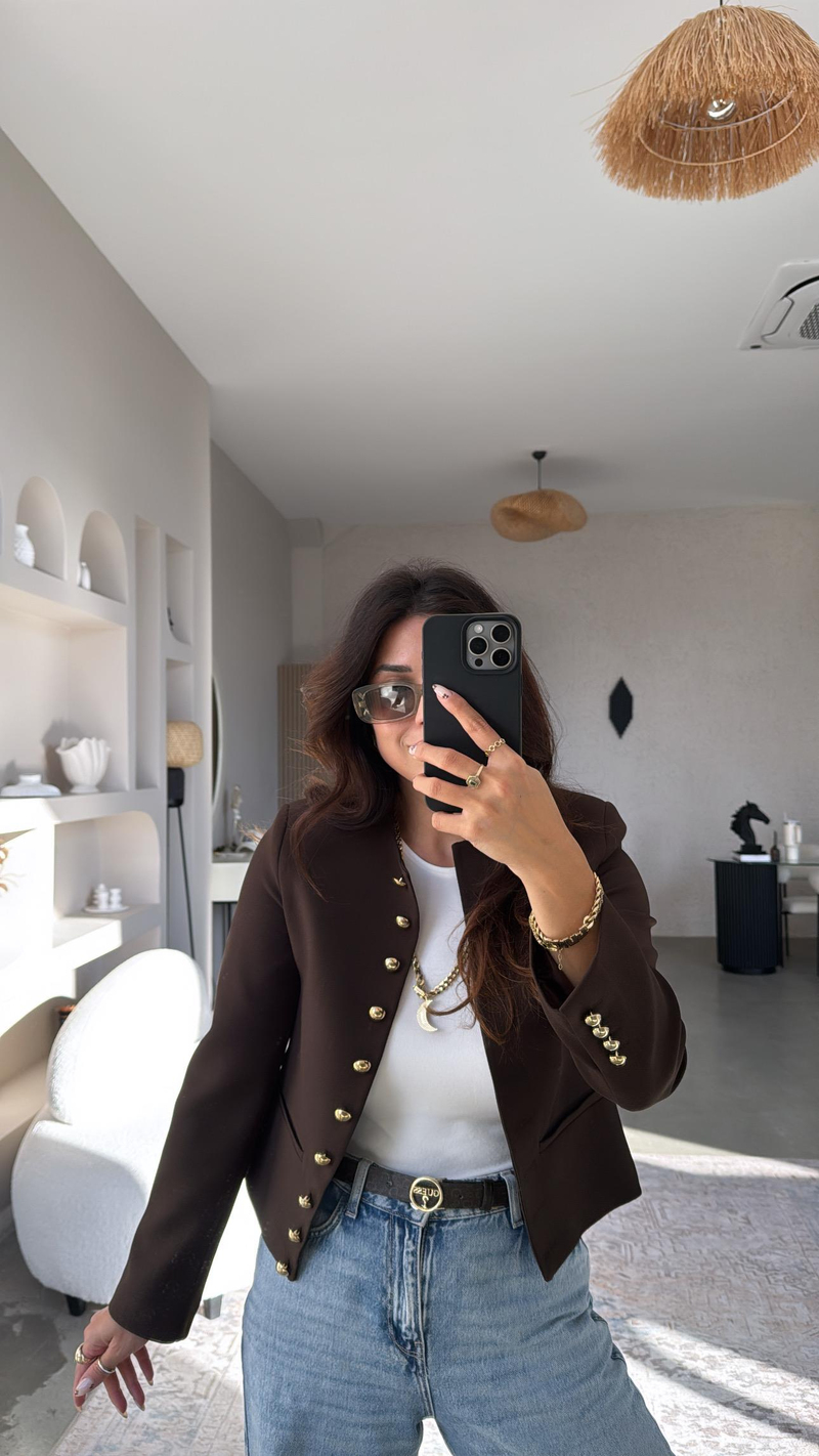 Kahverengi Gold Düğmeli ZR Model Premium Ceket