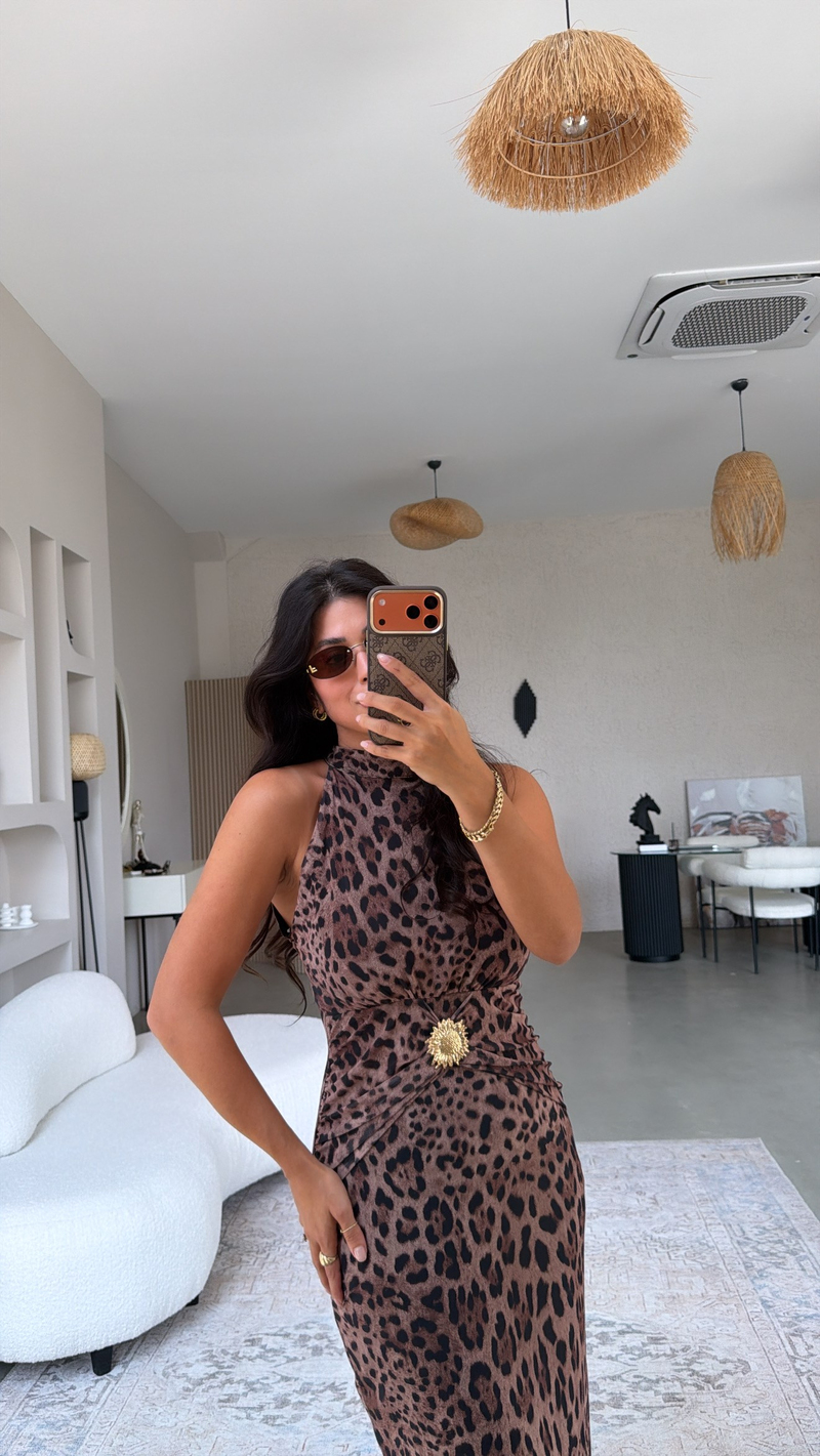Kahverengi Güneş Aksesuarlı Leoparlı Elbise