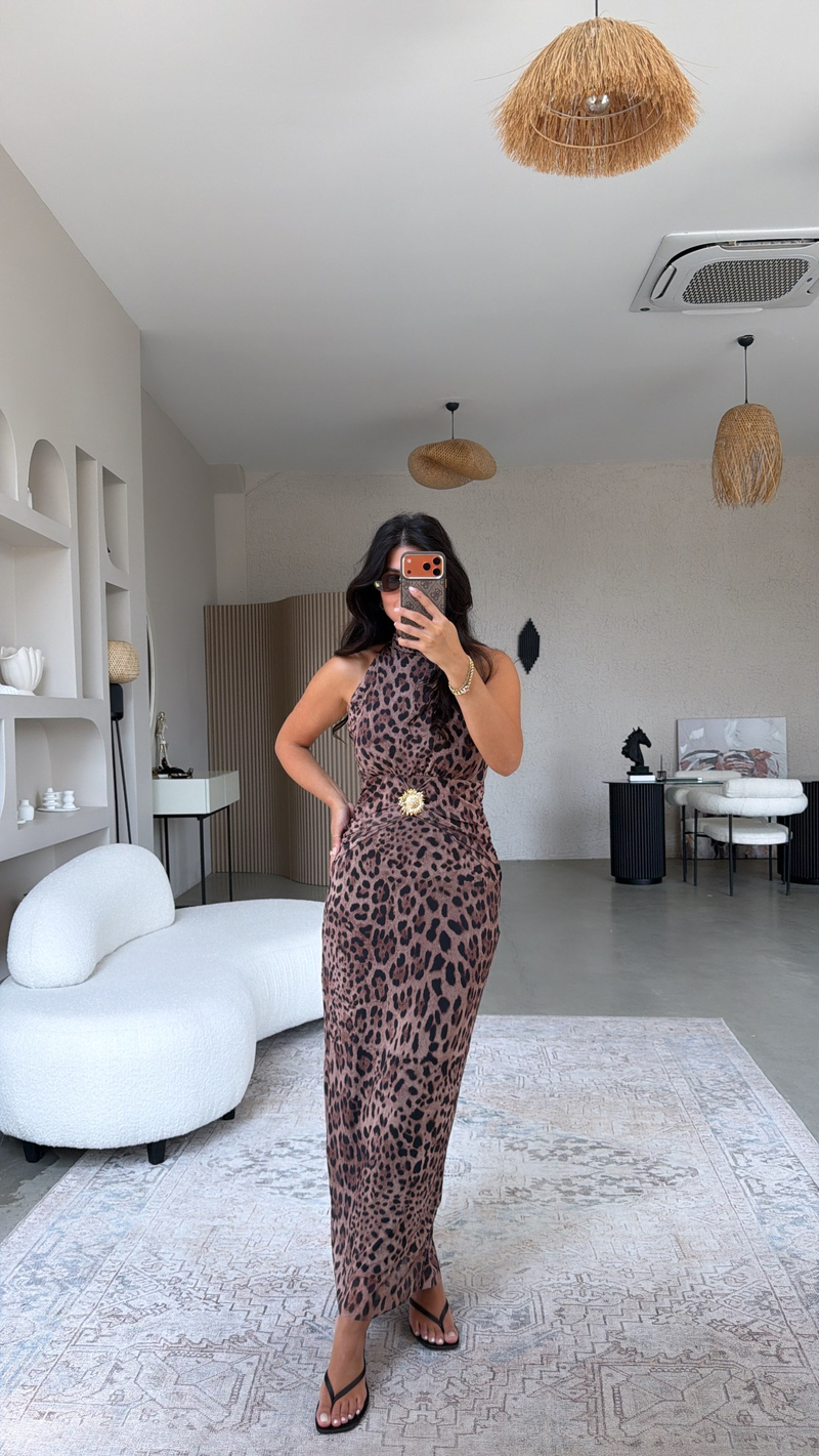 Kahverengi Güneş Aksesuarlı Leoparlı Elbise