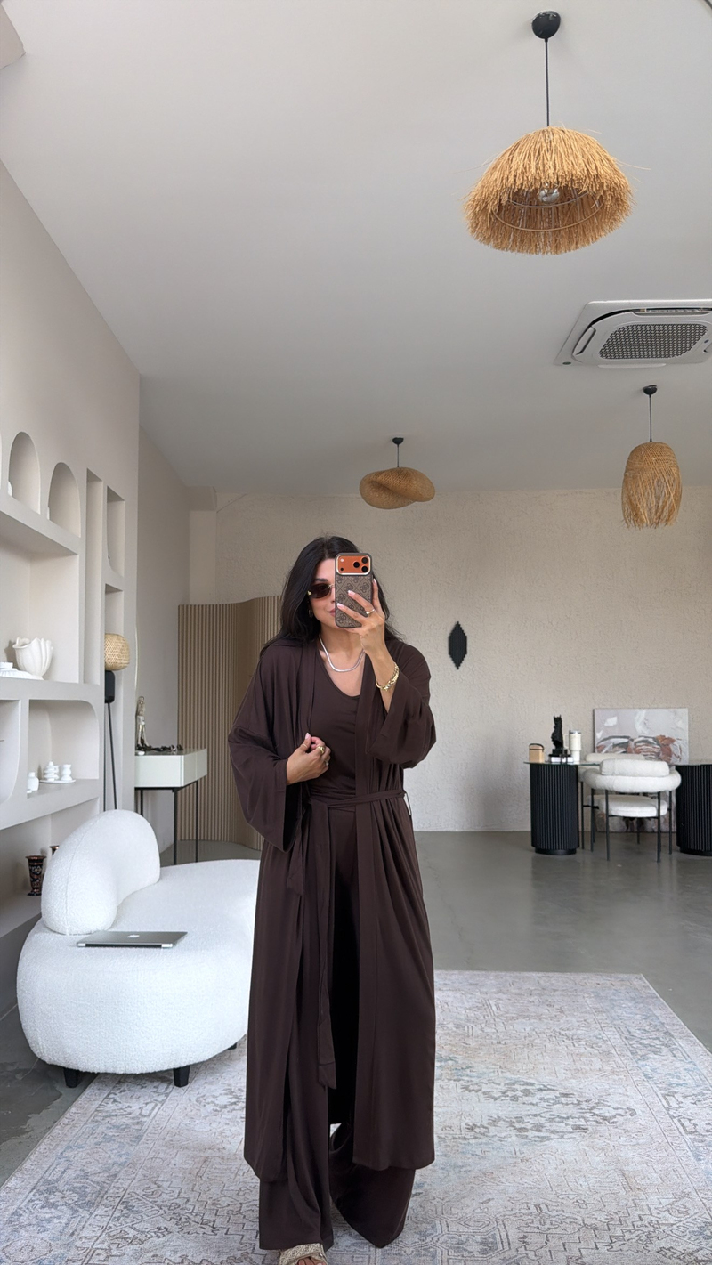 Kahverengi İnce Modal Üçlü Kimono Atlet Pantolon Takım