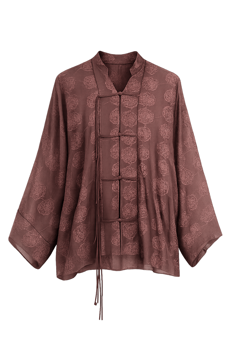 Kahverengi İşlemeli Gömlek Kimono