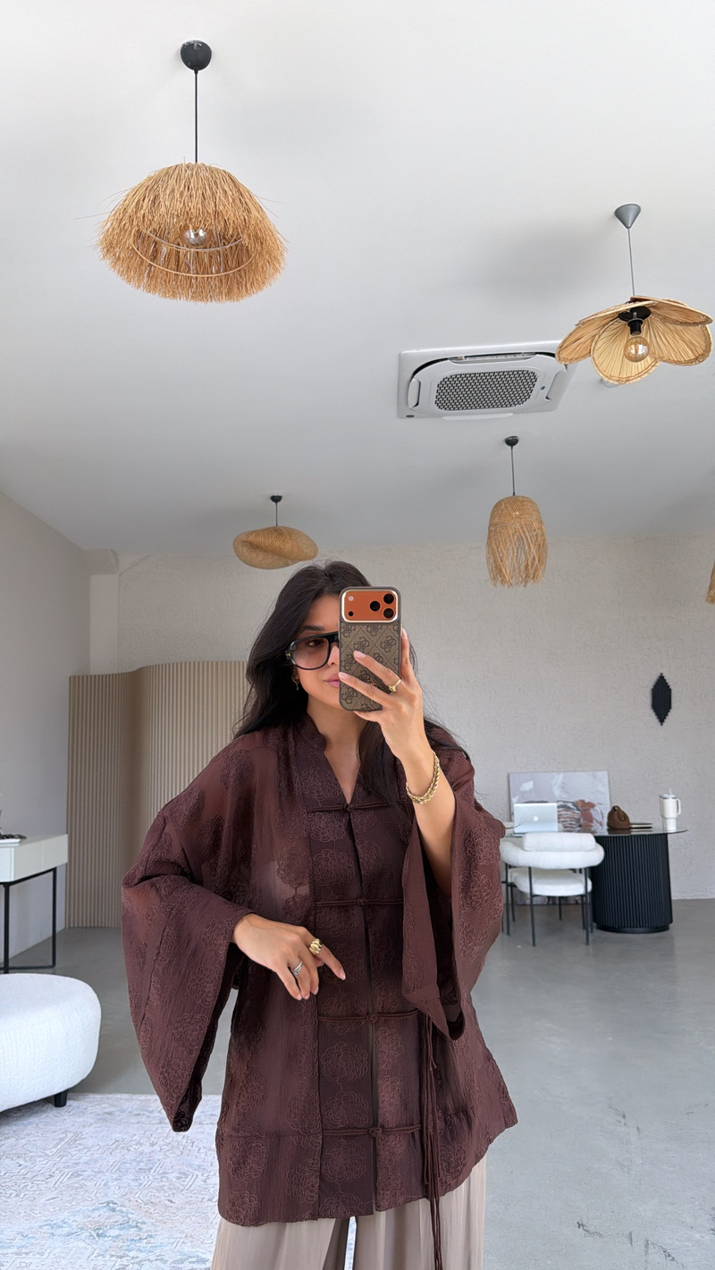 Kahverengi İşlemeli Gömlek Kimono
