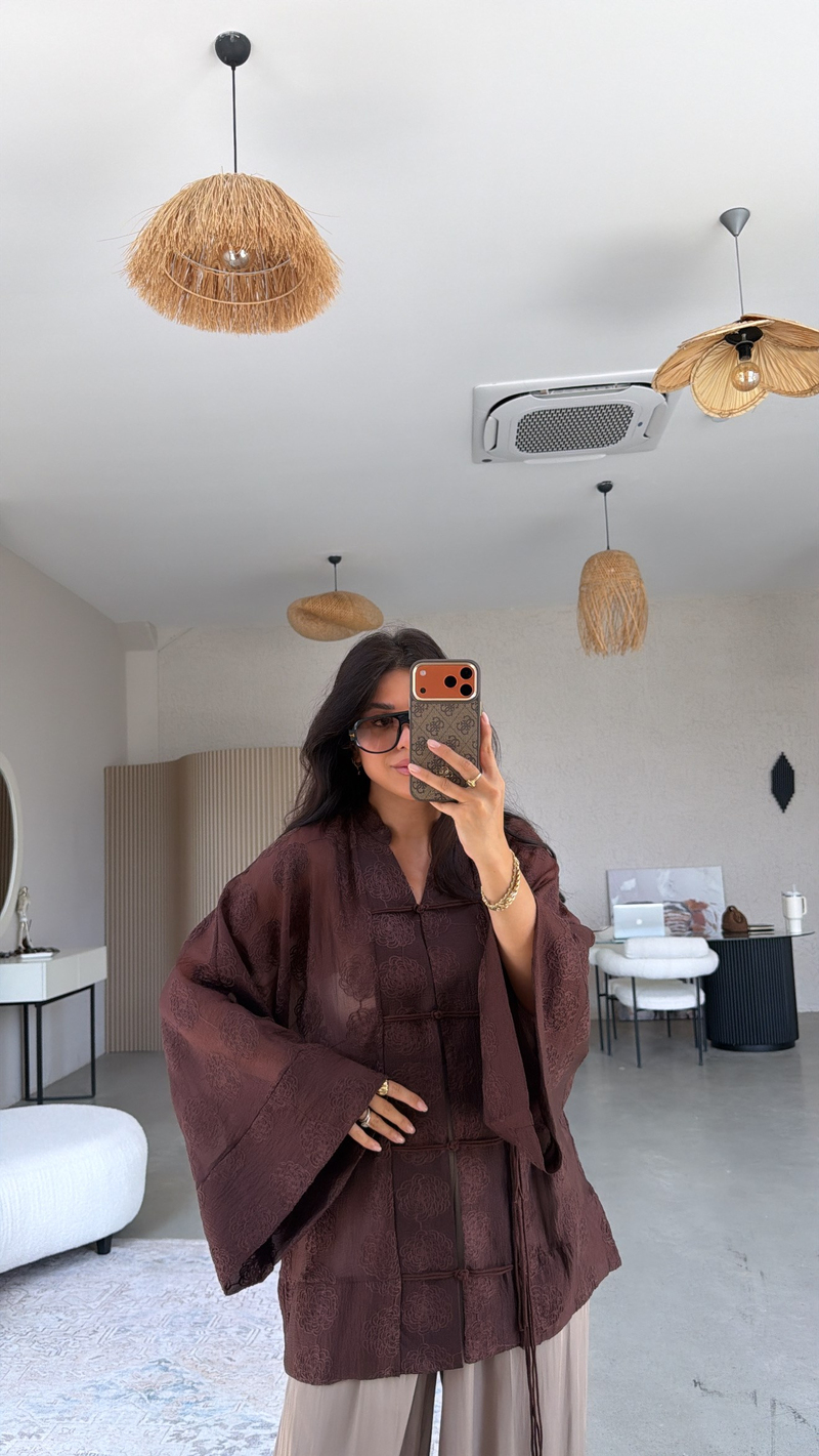 Kahverengi İşlemeli Gömlek Kimono