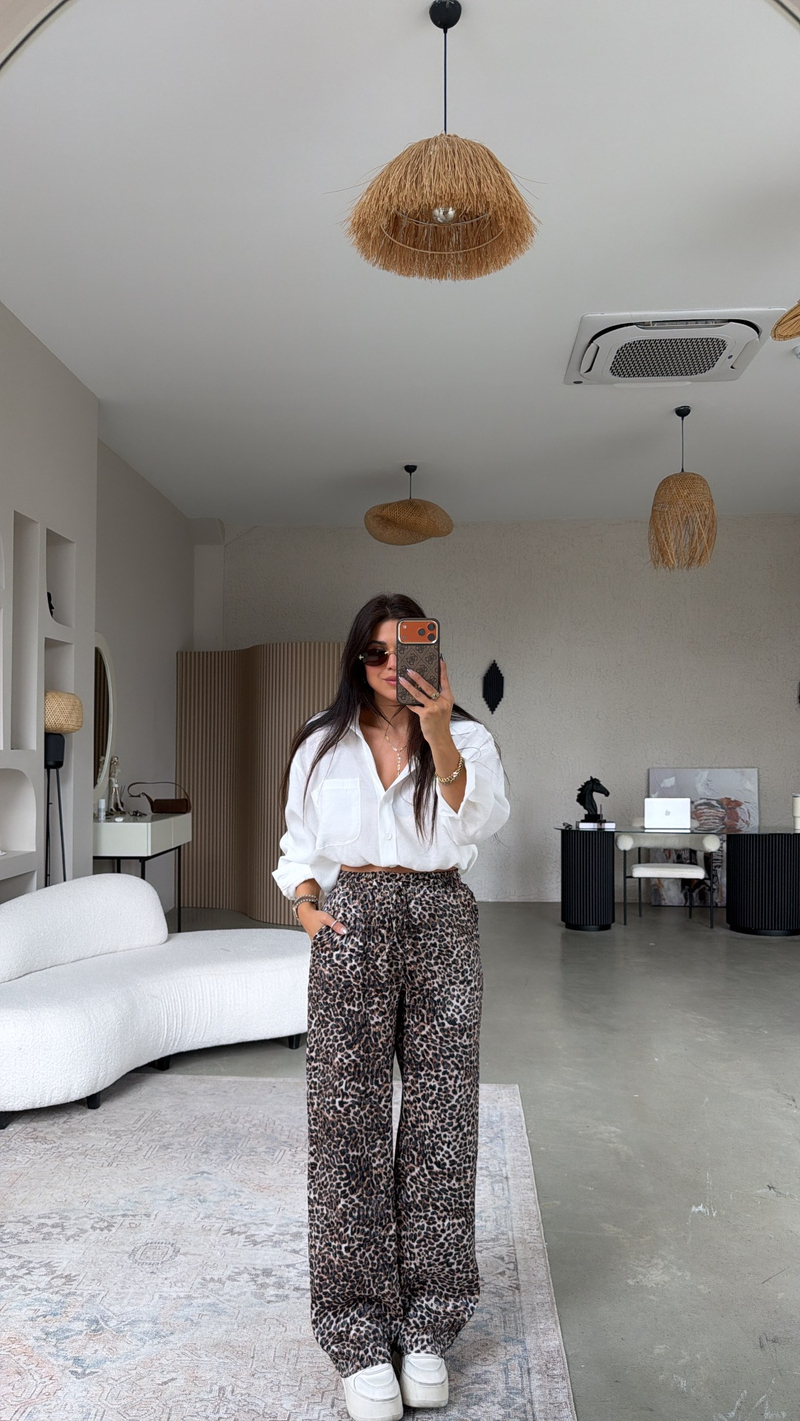 Kahverengi Jakarlı Leoparlı Pantolon