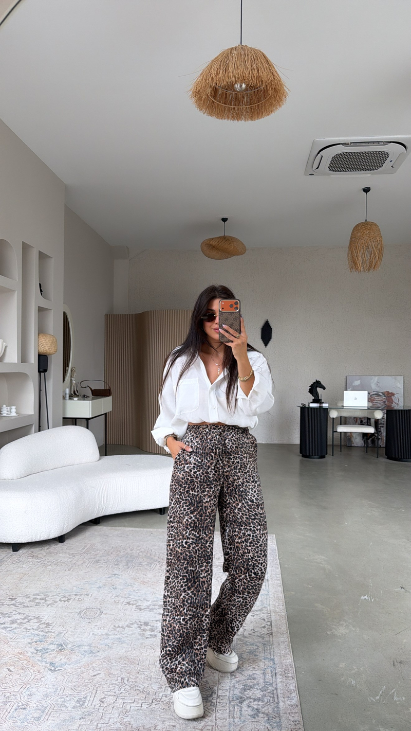 Kahverengi Jakarlı Leoparlı Pantolon