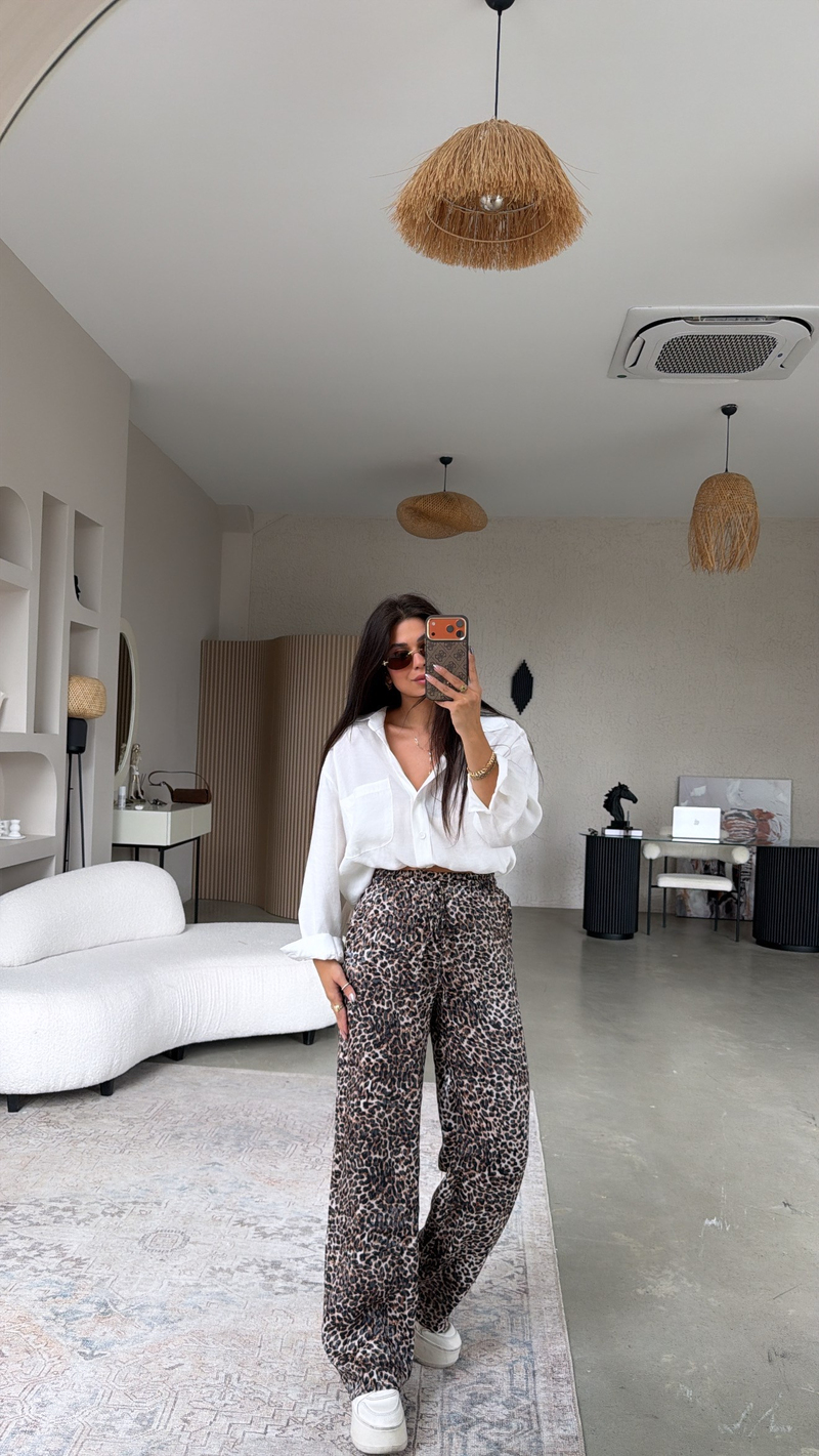 Kahverengi Jakarlı Leoparlı Pantolon