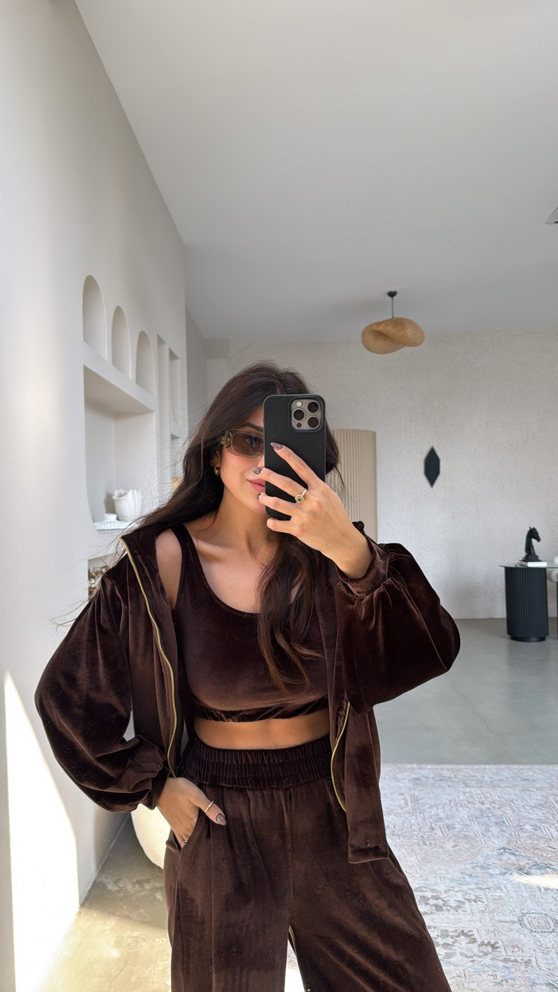 Kahverengi Kadife Üçlü Hoodie Atlet Pantolon Takım