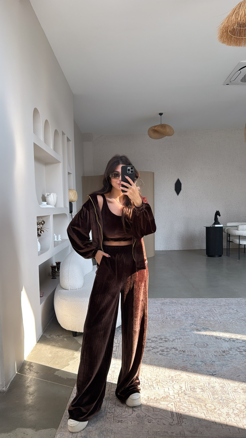 Kahverengi Kadife Üçlü Hoodie Atlet Pantolon Takım