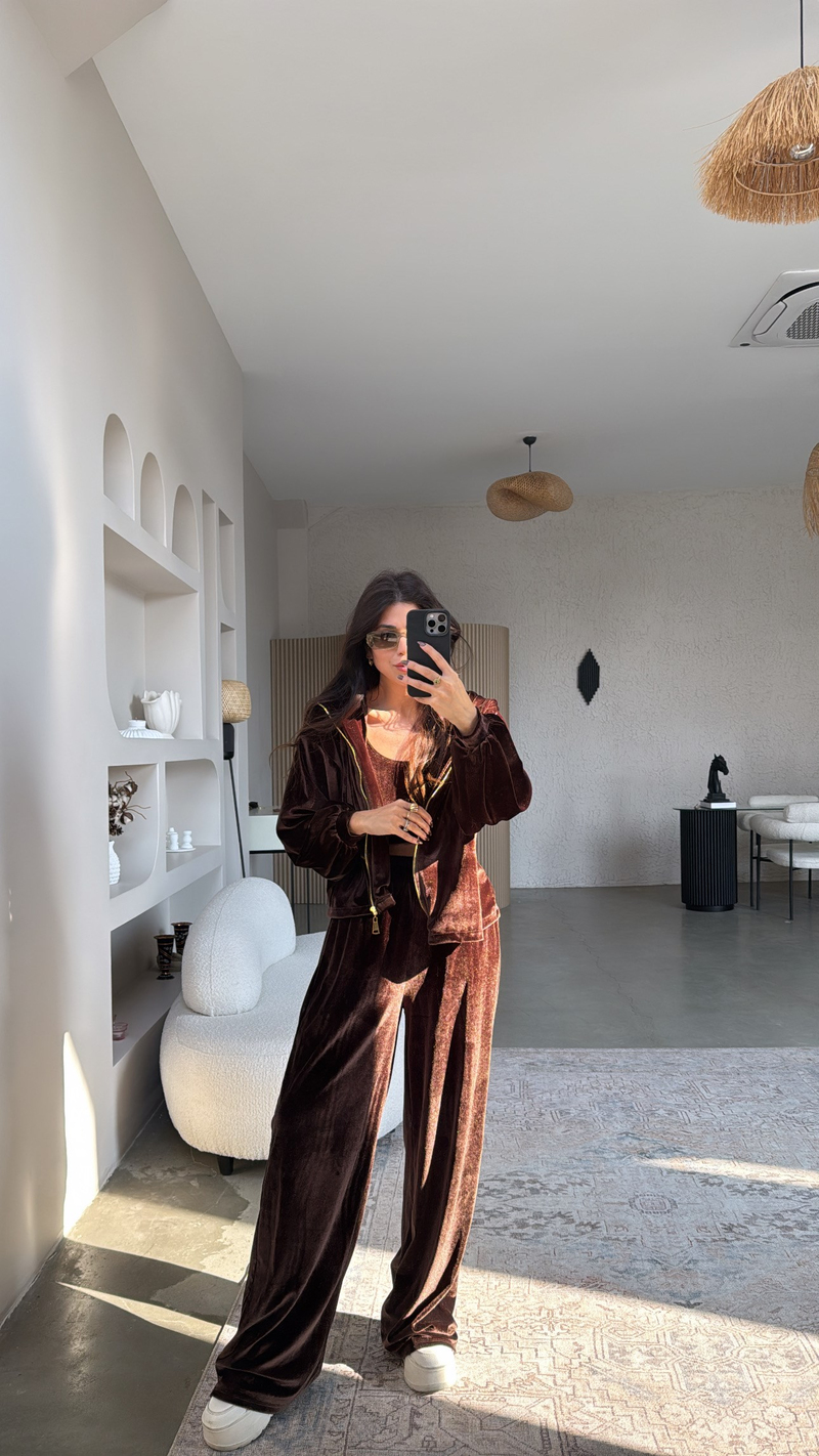 Kahverengi Kadife Üçlü Hoodie Atlet Pantolon Takım