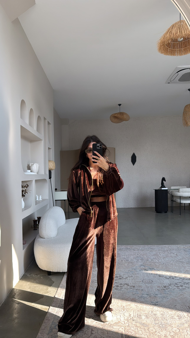 Kahverengi Kadife Üçlü Hoodie Atlet Pantolon Takım