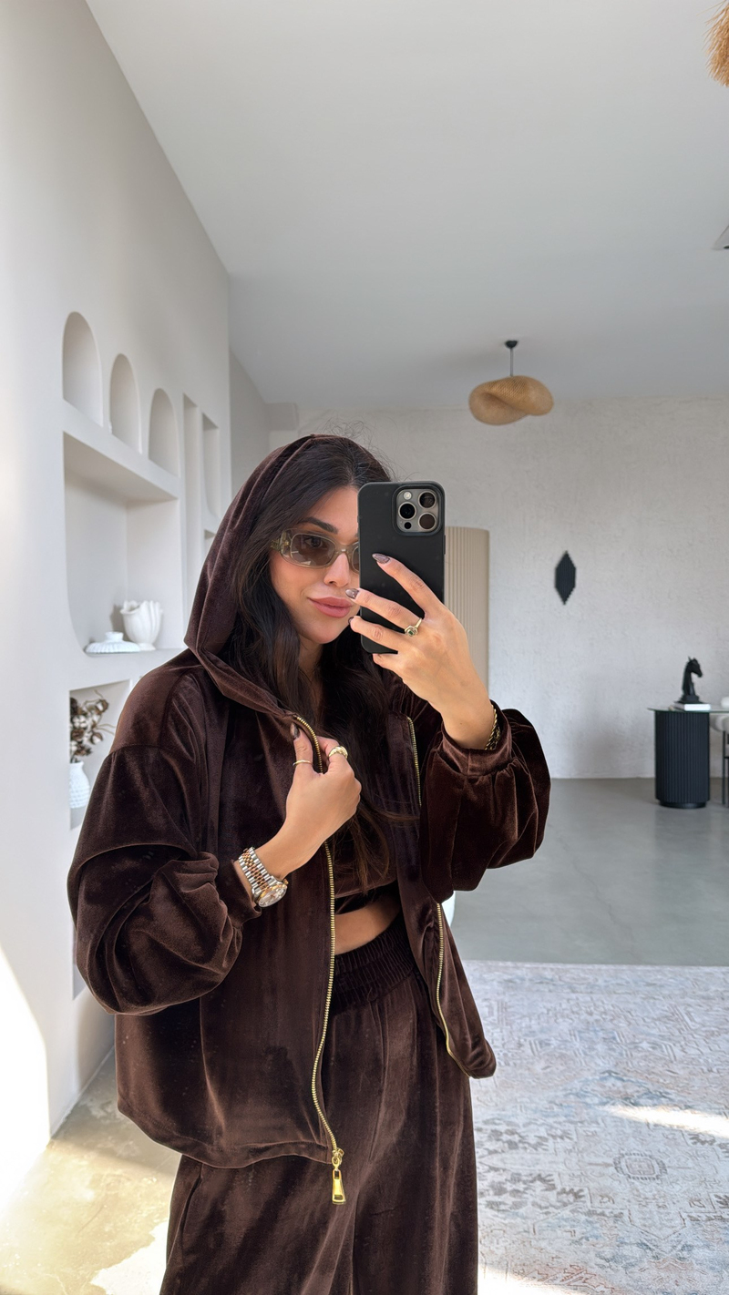 Kahverengi Kadife Üçlü Hoodie Atlet Pantolon Takım