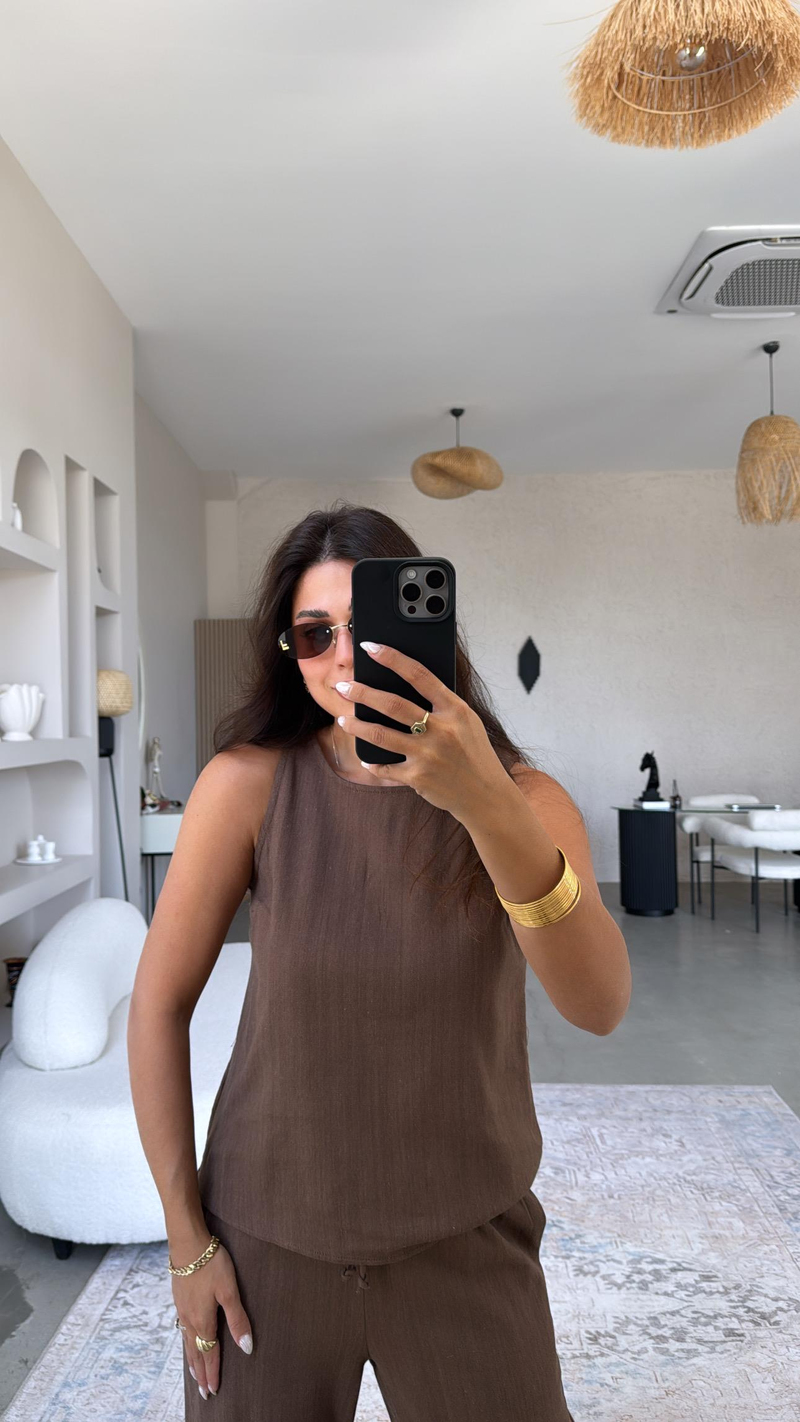 Kahverengi Keten Boncuk Detaylı Pantolon Bluz Takım