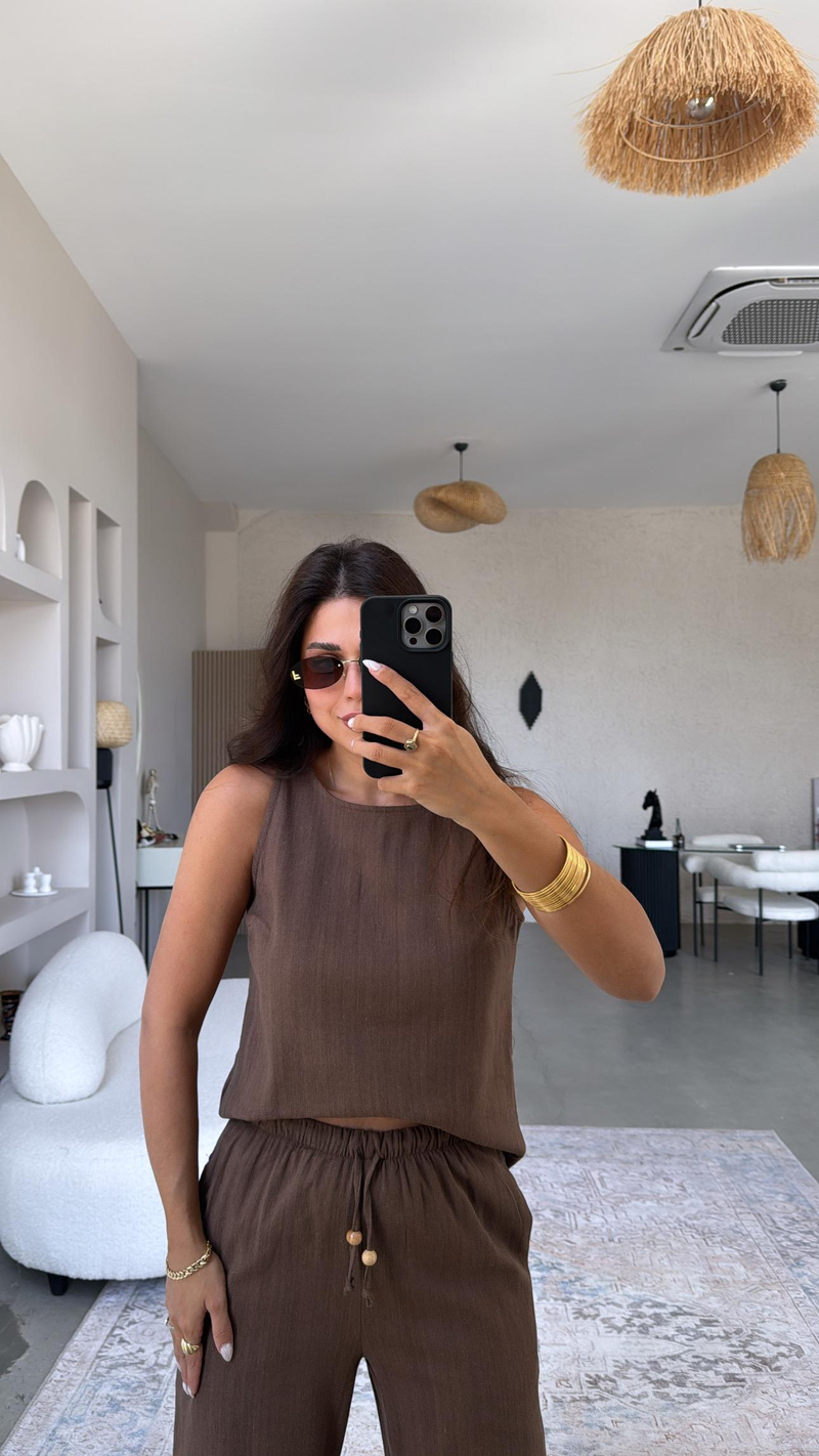 Kahverengi Keten Boncuk Detaylı Pantolon Bluz Takım