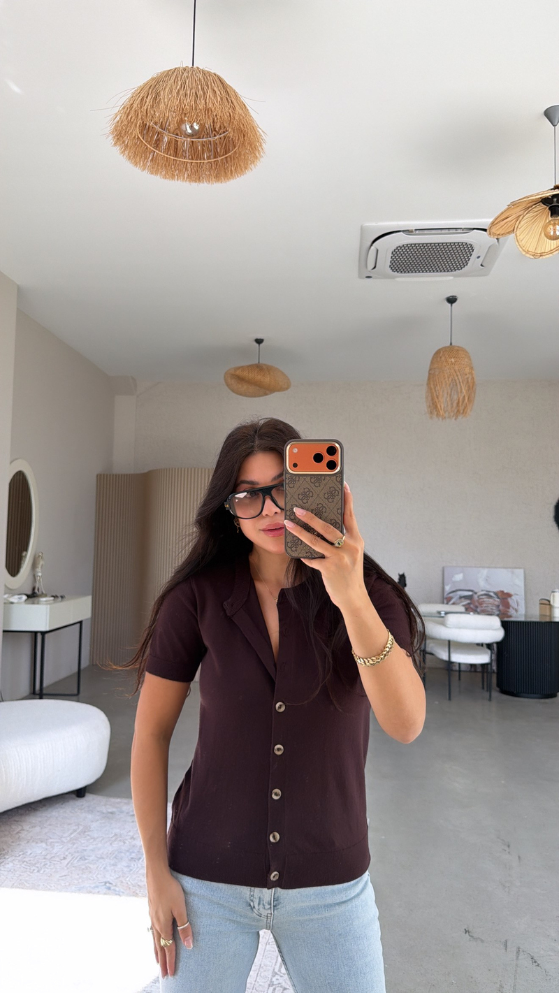 Kahverengi Kısa Kol Yumuşak Triko Hırka