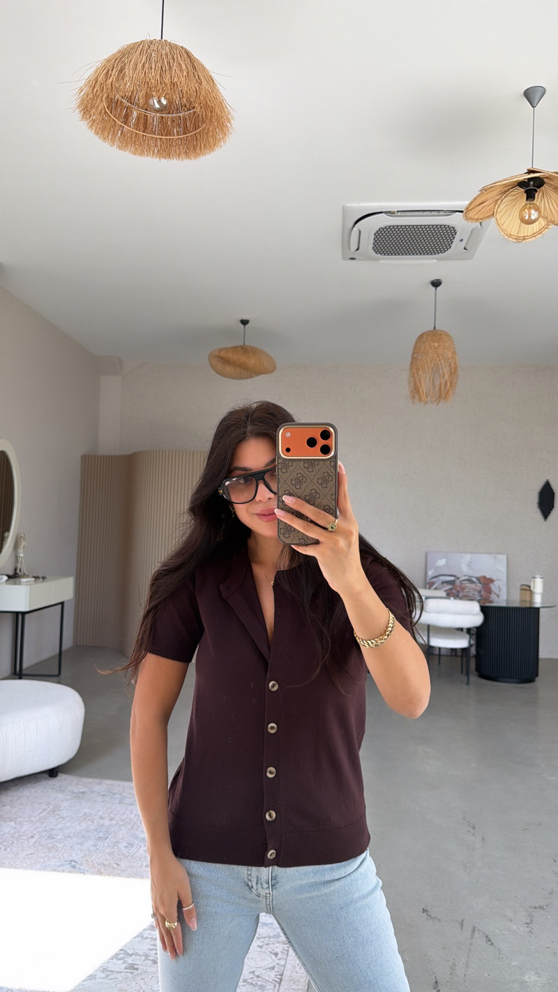 Kahverengi Kısa Kol Yumuşak Triko Hırka