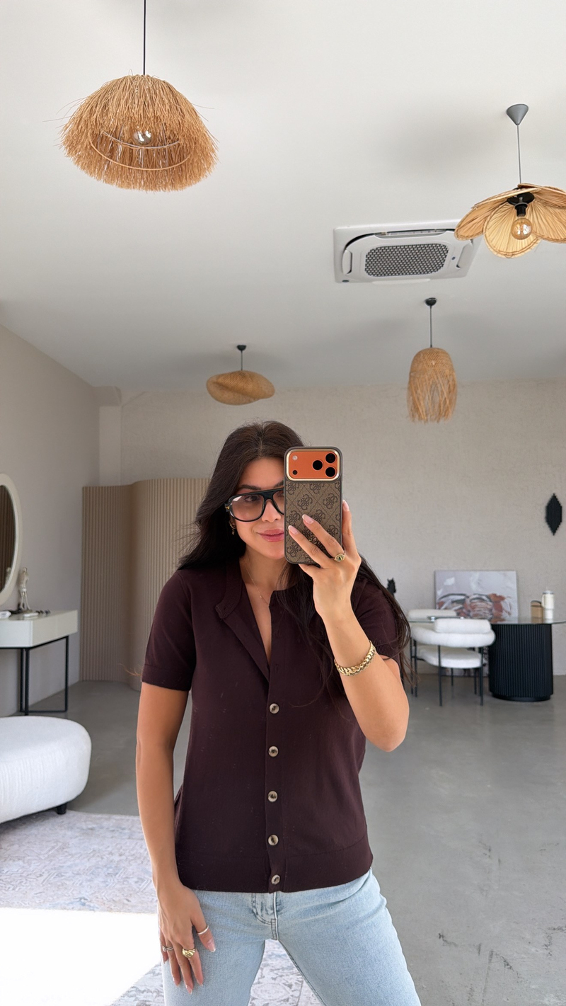 Kahverengi Kısa Kol Yumuşak Triko Hırka