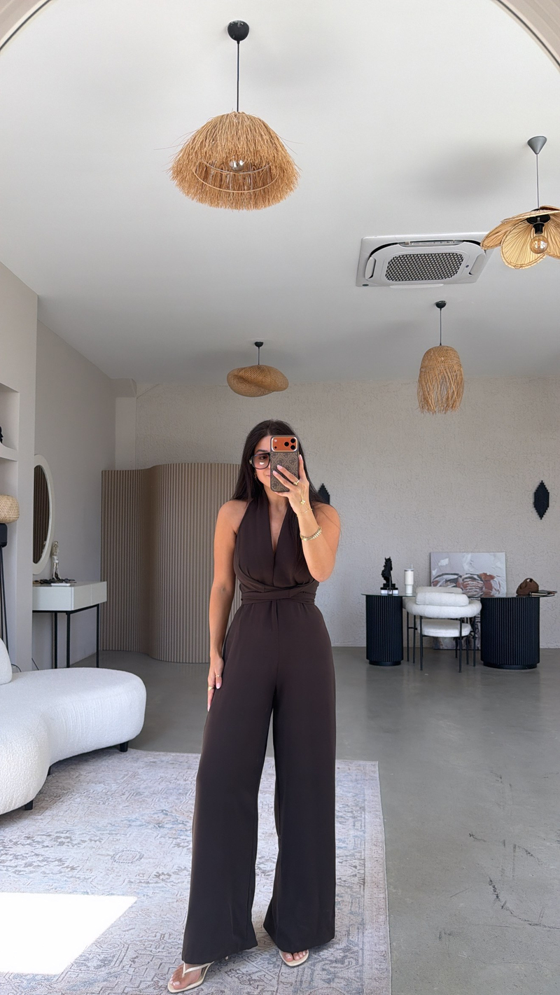 Kahverengi Krep Kumaş Bağlamalı Premium Tulum