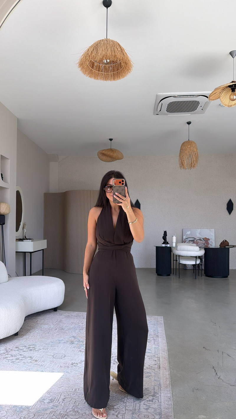Kahverengi Krep Kumaş Bağlamalı Premium Tulum