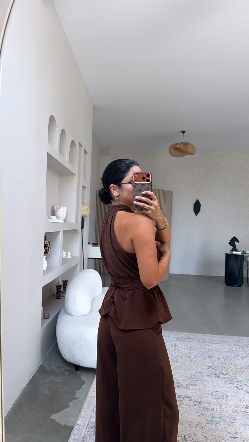 Kahverengi Krep Kumaş Premium Halter Yaka Tulum