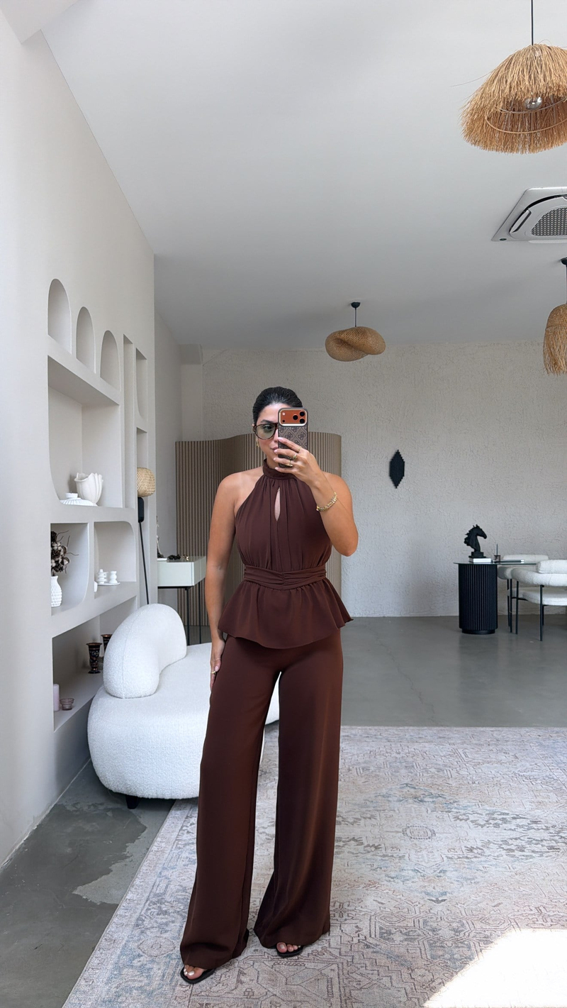 Kahverengi Krep Kumaş Premium Halter Yaka Tulum