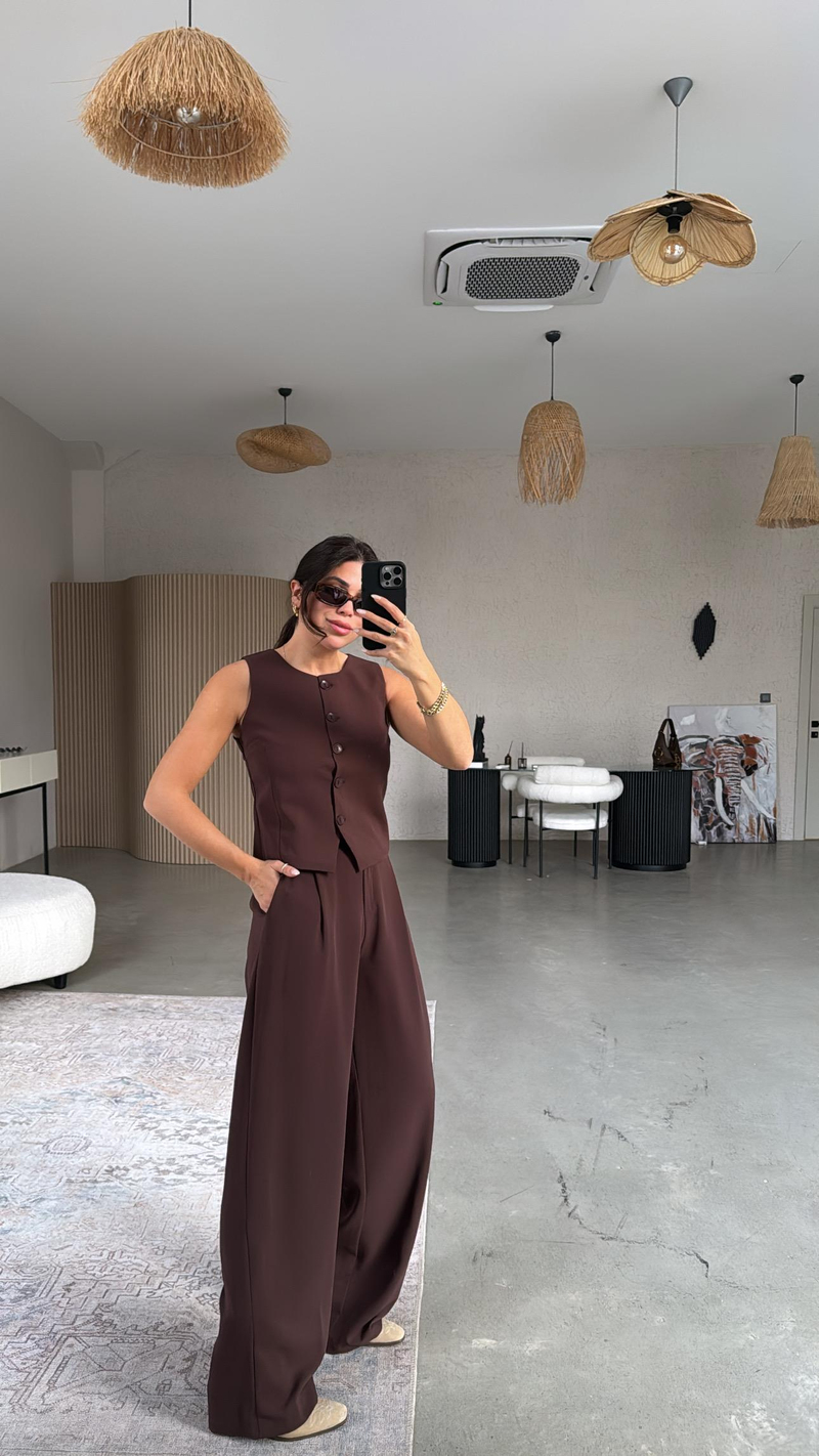 Kahverengi Kumaş Yelek Pantolon Takım