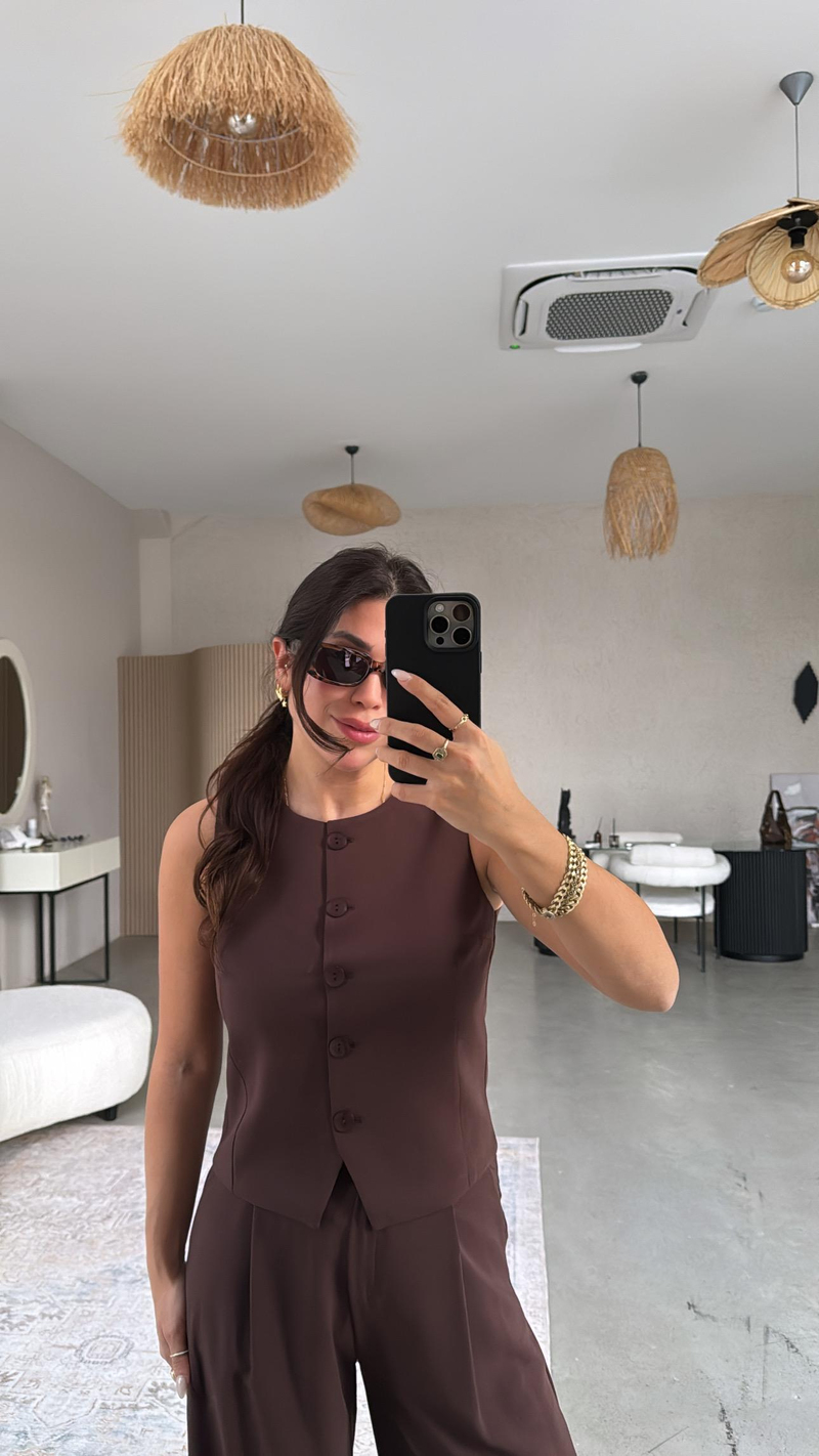 Kahverengi Kumaş Yelek Pantolon Takım