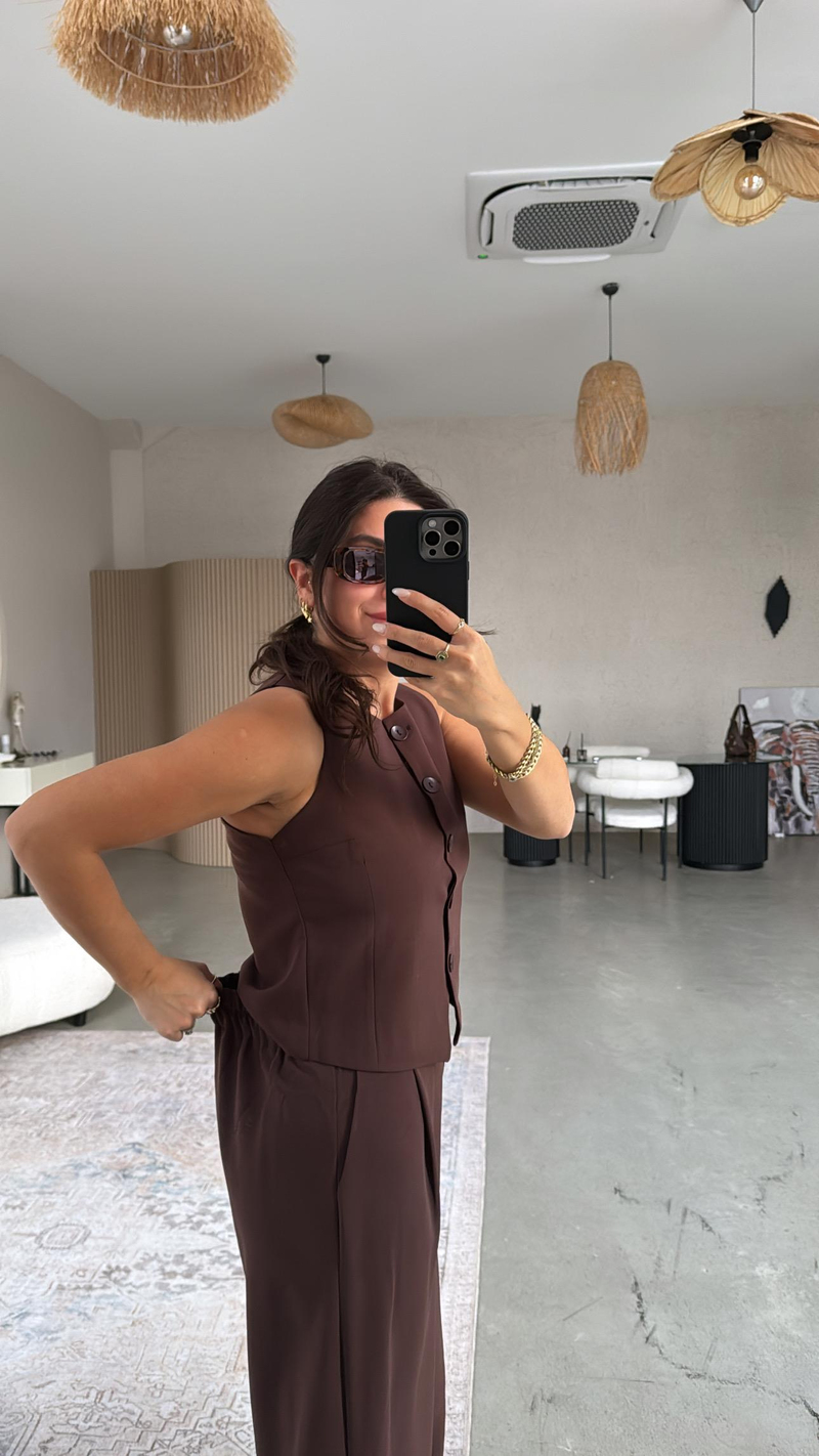 Kahverengi Kumaş Yelek Pantolon Takım