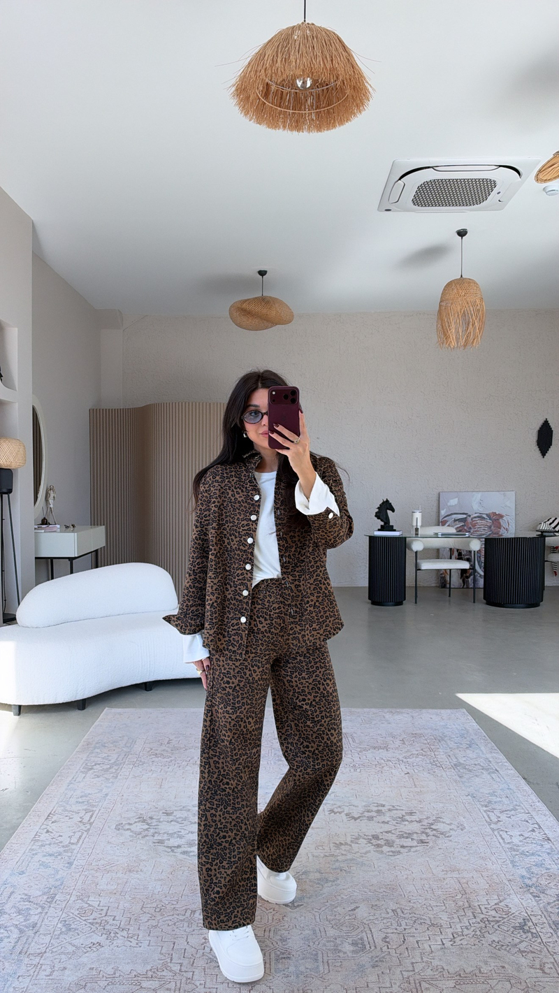Kahverengi Leoparlı Denim Bilek Pantolon