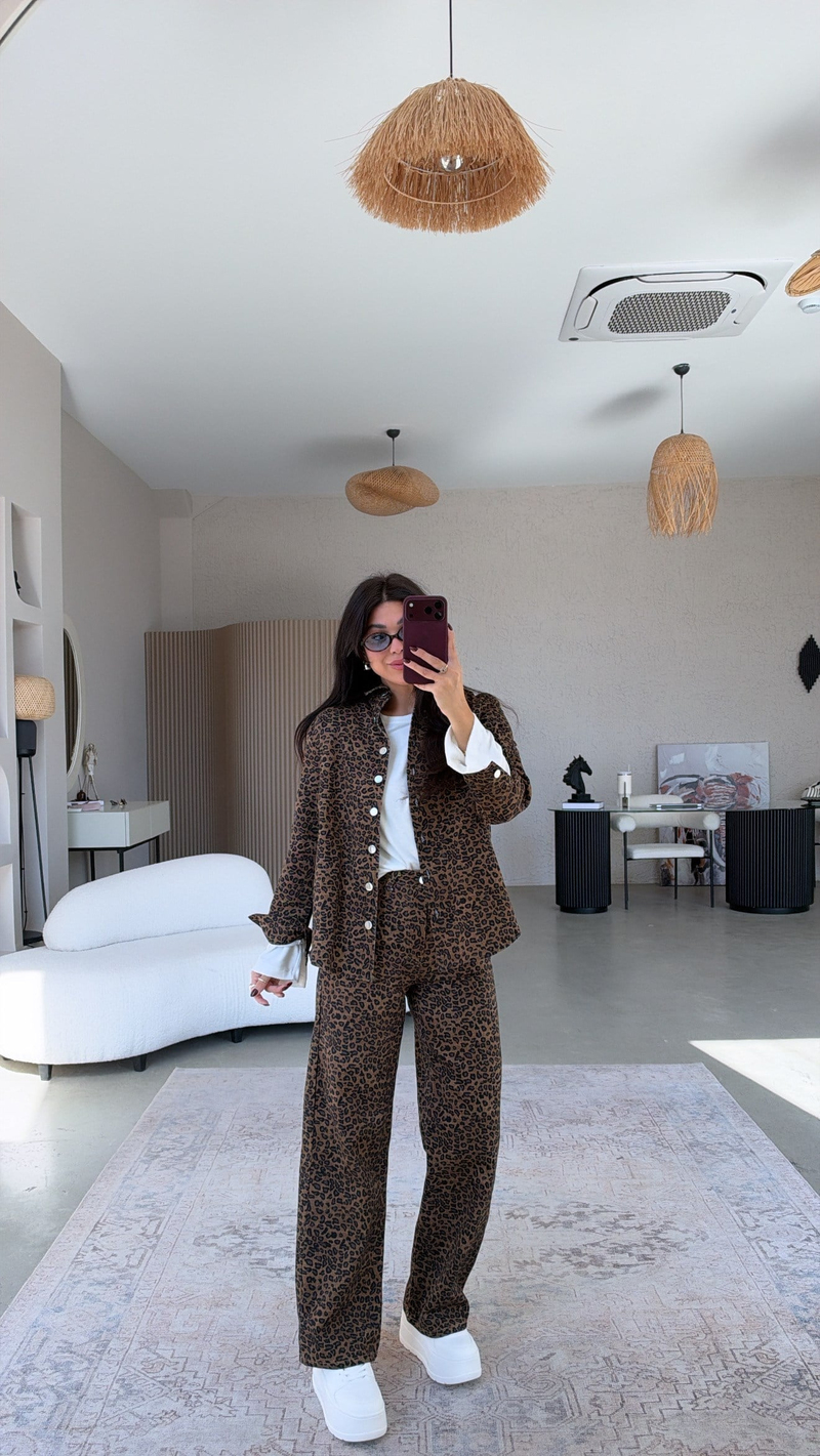 Kahverengi Leoparlı Denim Bilek Pantolon