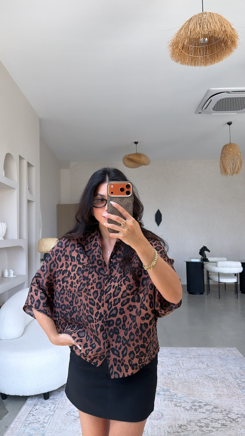 Kahverengi Leoparlı Yarasa Kol Tensel Gömlek