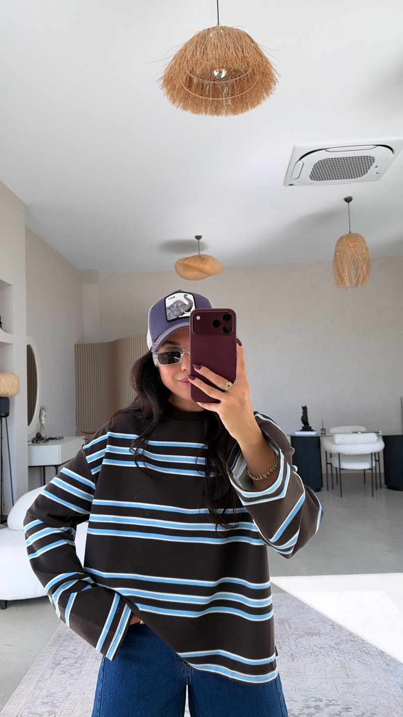 Kahverengi Mavi Çizgili İki İplik Sweatshirt