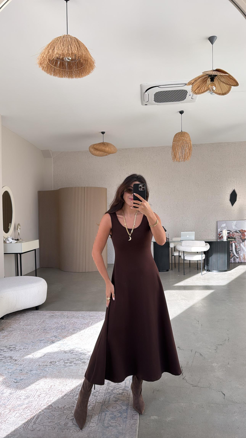 Kahverengi Modal Elbise Bluz İkili Takım